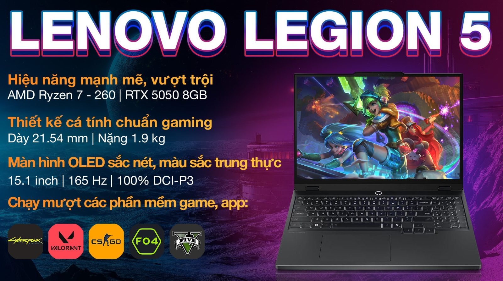 Laptop Lenovo Gaming Legion 5 15AHP10 83M0002YVN (R7 260, 16GB, 512GB, RTX 5050 8GB, WQXGA OLED 165Hz, Win11)
