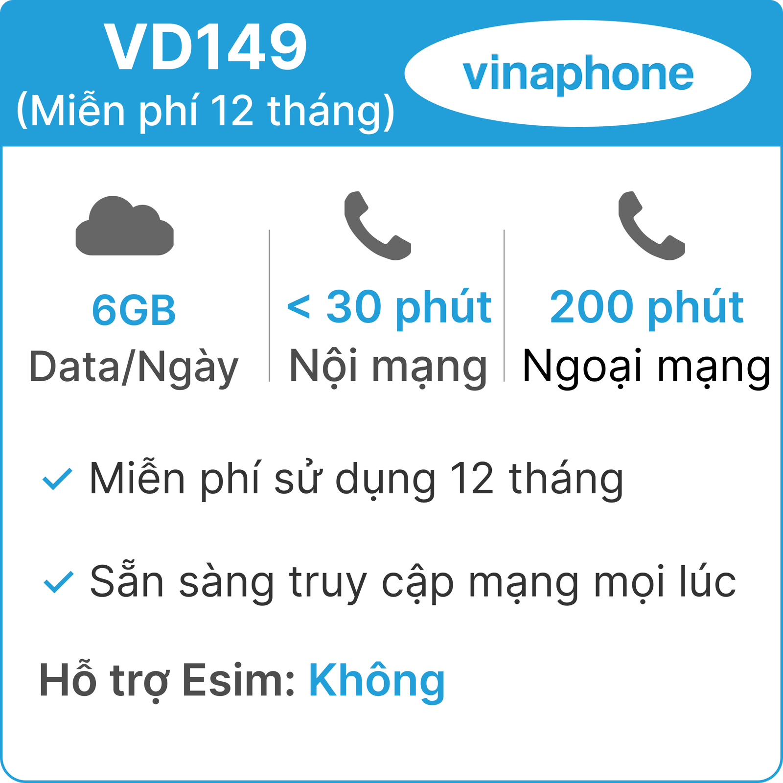 Sim 4G Vinaphone VD149 6GB/Ngày - Miễn phí 12 tháng