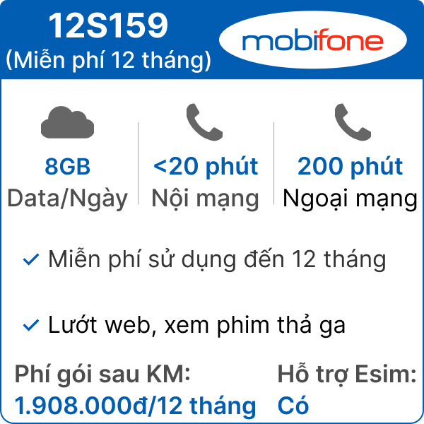 Sim 4G Mobifone 12S159 8GB/ngày có nghe gọi - 12 tháng (Thành phẩm)