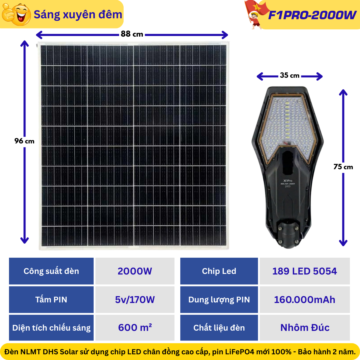 Siêu đèn NLMT F1PRO-2000W – Pin 160.000mAh – Tấm pin 170W