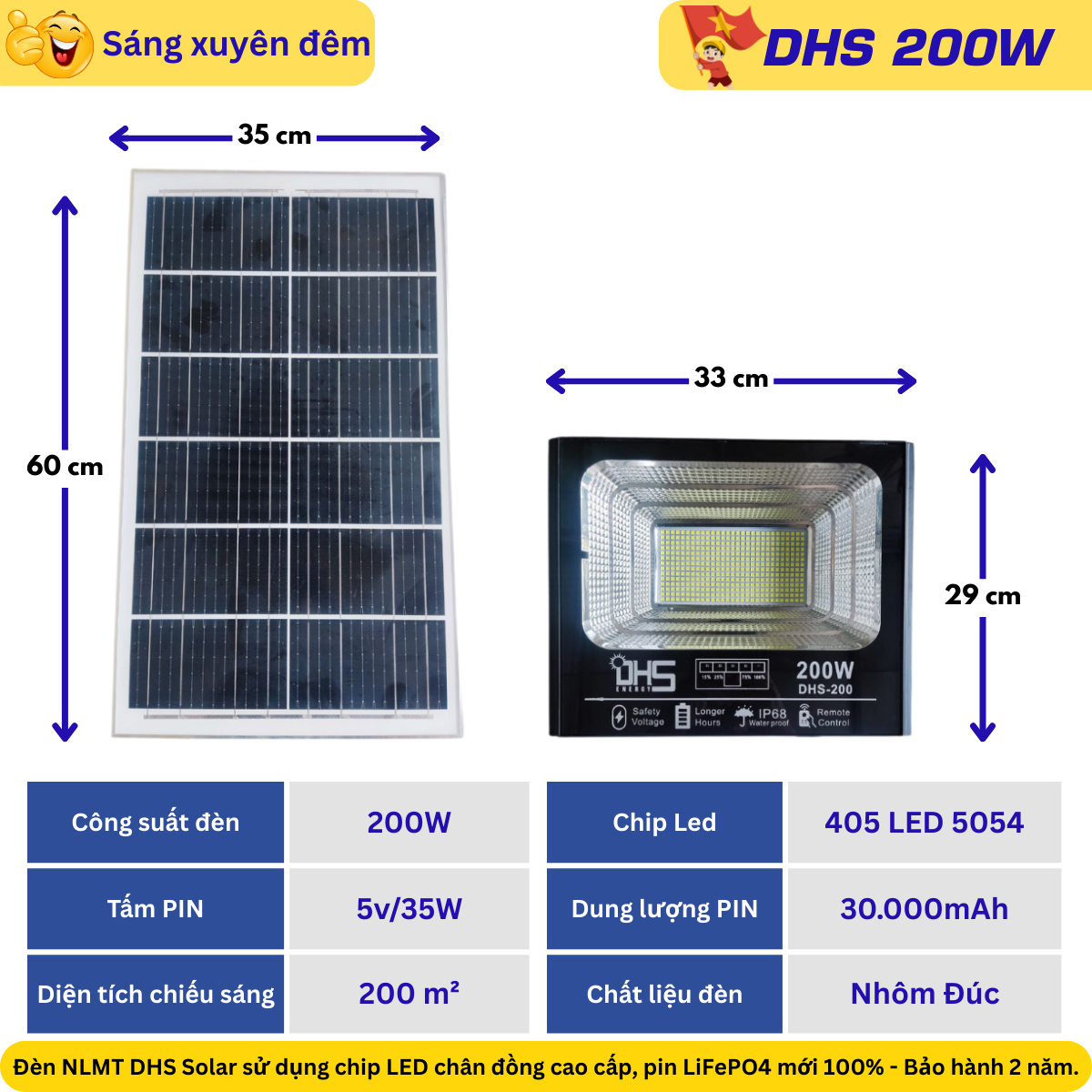 Đèn pha năng lượng mặt trời 200W – 405 LED 5054, pin 30.000mAh, tấm pin 5V/35W