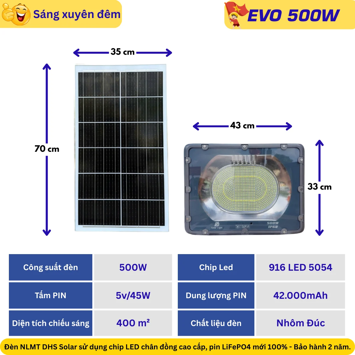 Đèn pha năng lượng mặt trời Evo 500W – 916 LED chân đồng