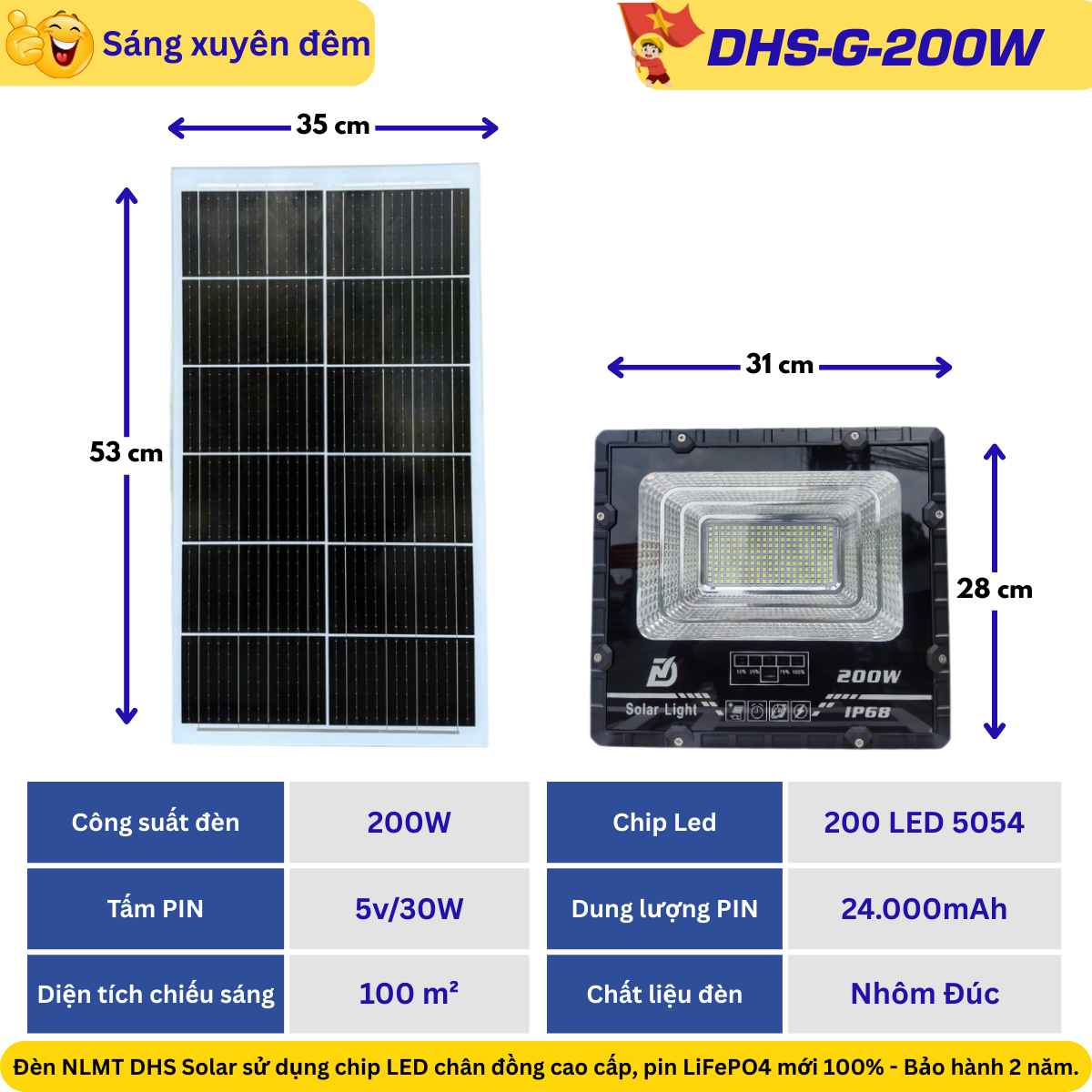 Đèn pha năng lượng mặt trời G-200W – 200 LED 5054, pin 24.000mAh, tấm pin 5V/30W
