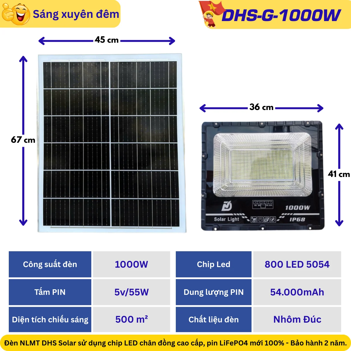 Đèn pha năng lượng mặt trời G-1000W – 800 LED 5054, pin 54.000mAh, tấm pin 5V/55W