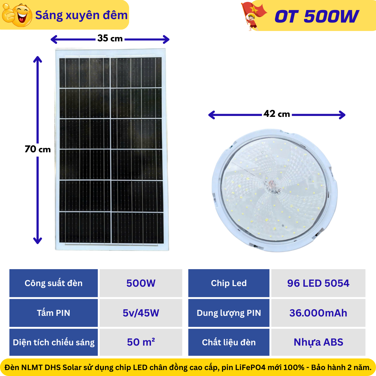 Đèn năng lượng mặt trời ốp trần 500W OT-500W – chiếu sáng 360°, pin 36.000mAh