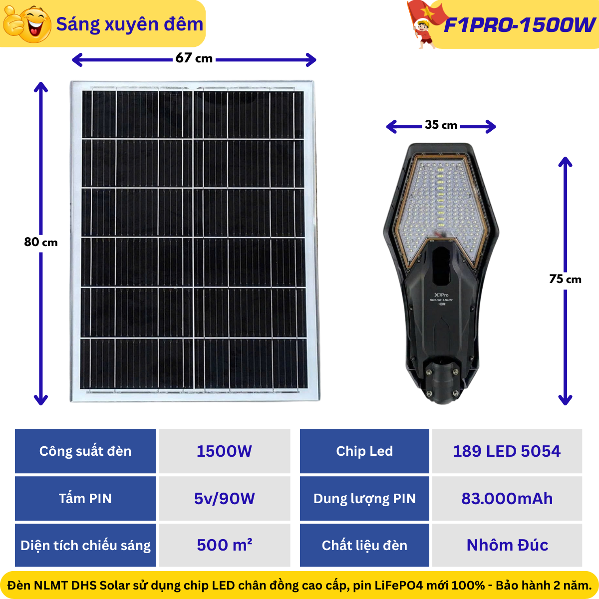Đèn năng lượng mặt trời F1PRO-1500W – chip LED 5054 siêu sáng, pin 83.000mAh