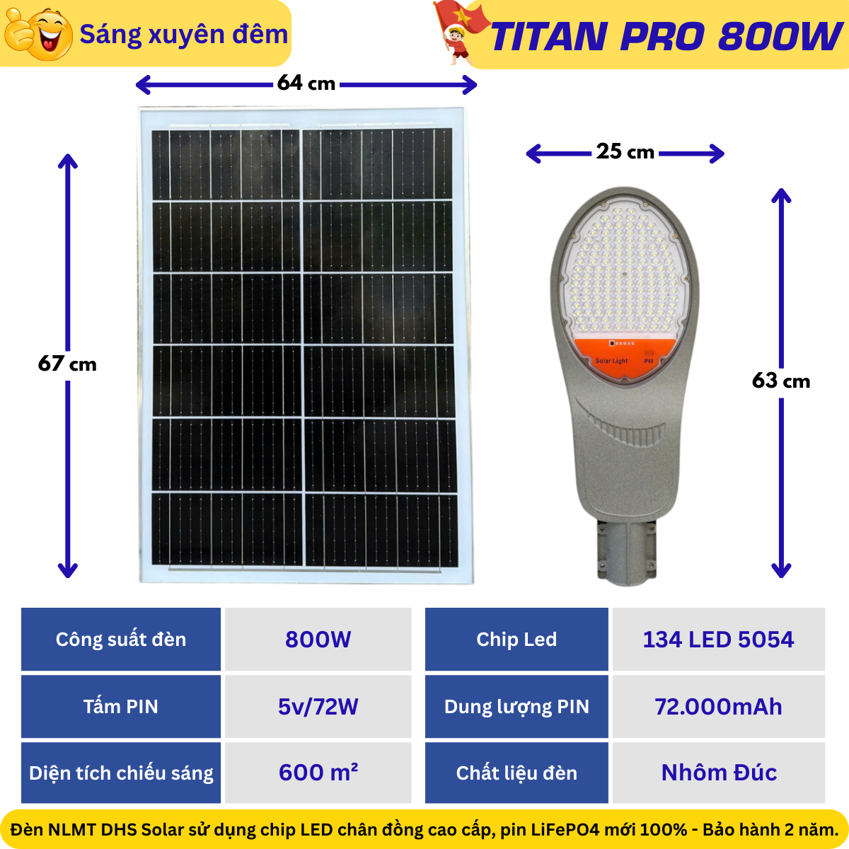Đèn đường năng lượng mặt trời TITAN PRO TN800 800W – pin LiFePO4 72.000mAh