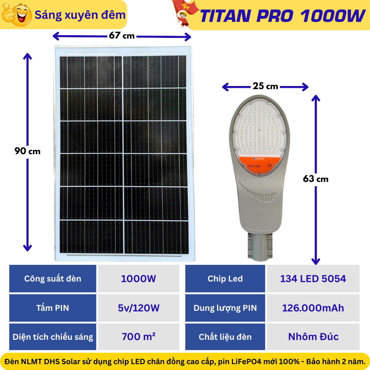 Đèn đường năng lượng mặt trời TITAN PRO TN1000 1000W – pin 126.000mAh