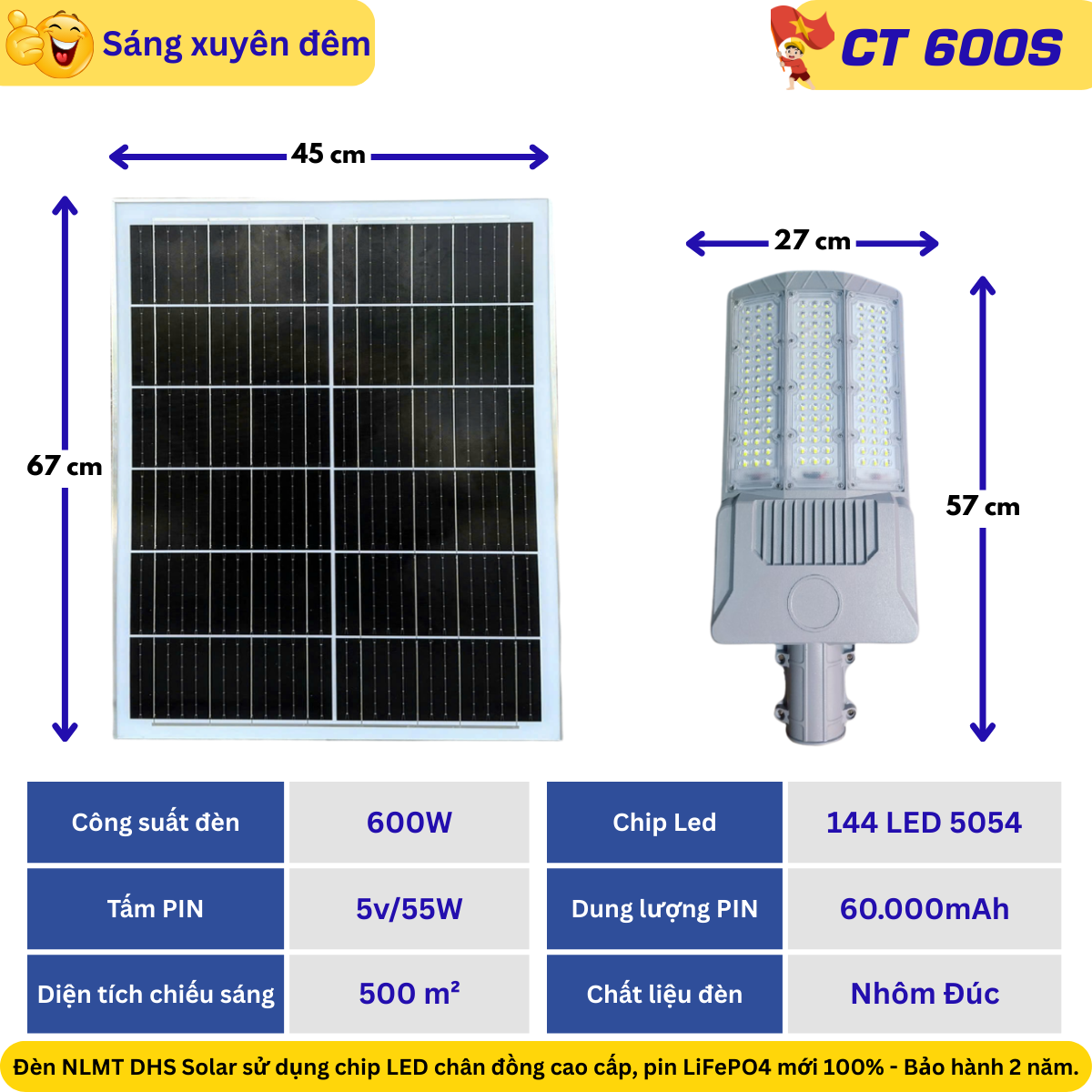 Đèn đường năng lượng mặt trời CT600S 600W – chip LED 5054 siêu sáng