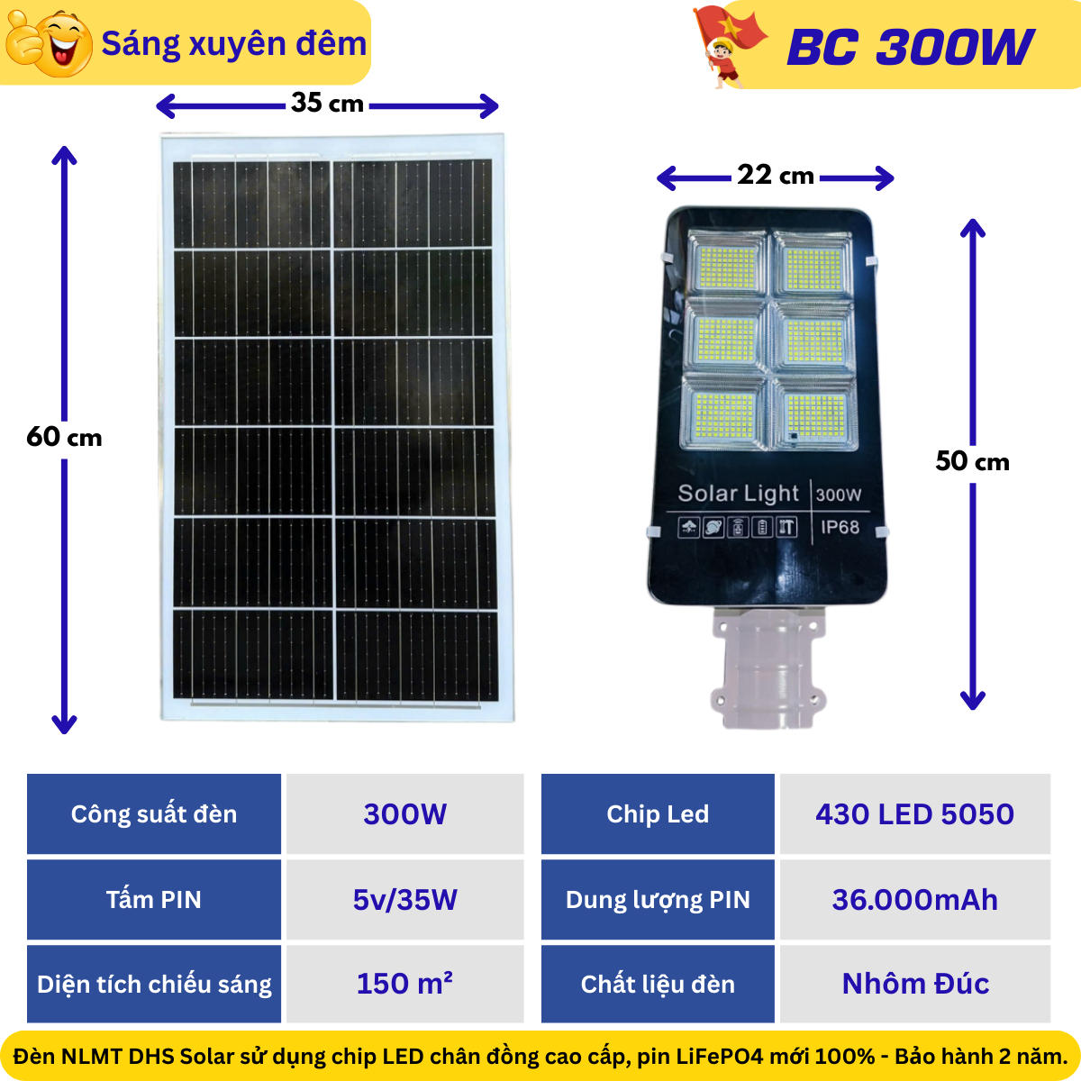 Đèn đường bàn chải năng lượng mặt trời 300W – chip LED 5050, pin LiFePO4 36.000mAh